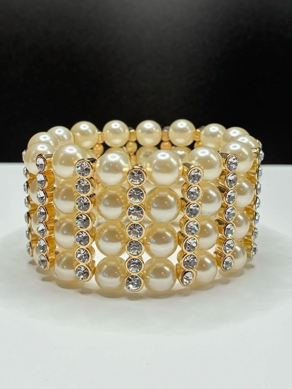 Stunning Cuff Style Pearl & Crystal Gold Stretch Bracelet - Women Accessorie